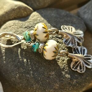 Handcrafted White & Turquoise Floral Drop Earrings with Silver Leaf Charm